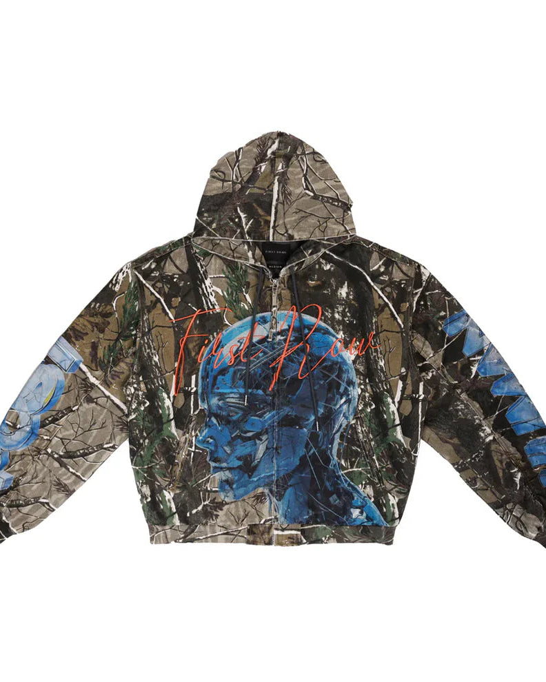 Camouflage hoodie with blue graphic design on a white background