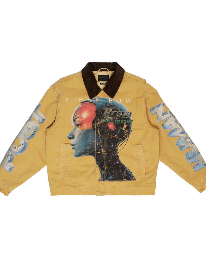 Yellow jacket with artistic design on a white background