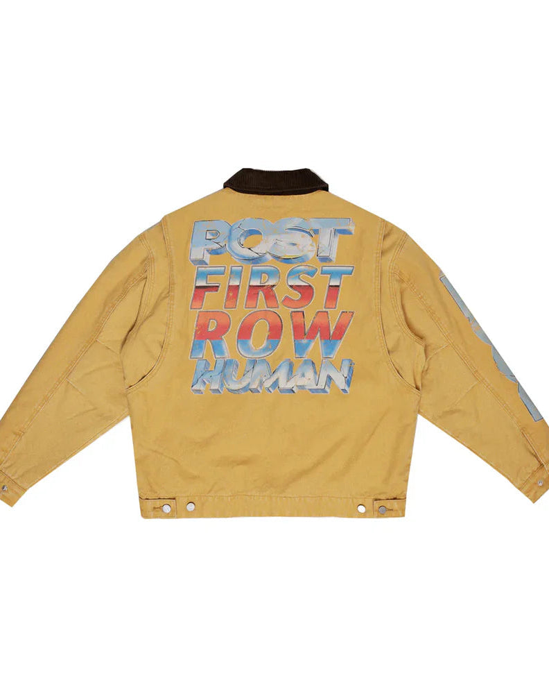 Yellow jacket with colorful text on the back against a white background