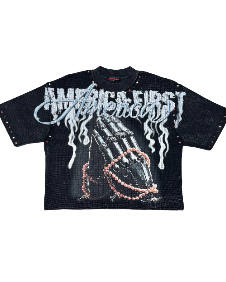 Black t-shirt with graphic design and text on a white background