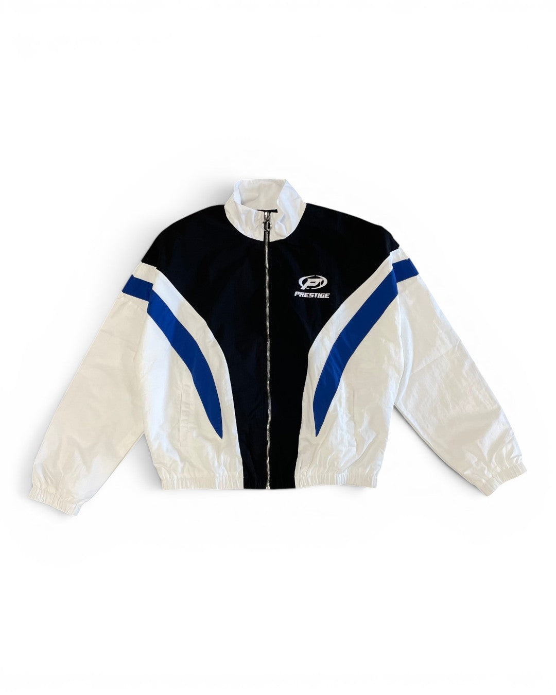 White and black jacket with blue accents on a white background