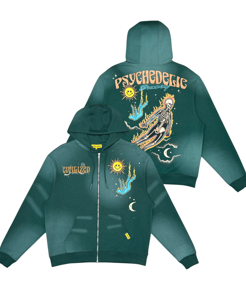 Green hoodie with psychedelic design on a white background
