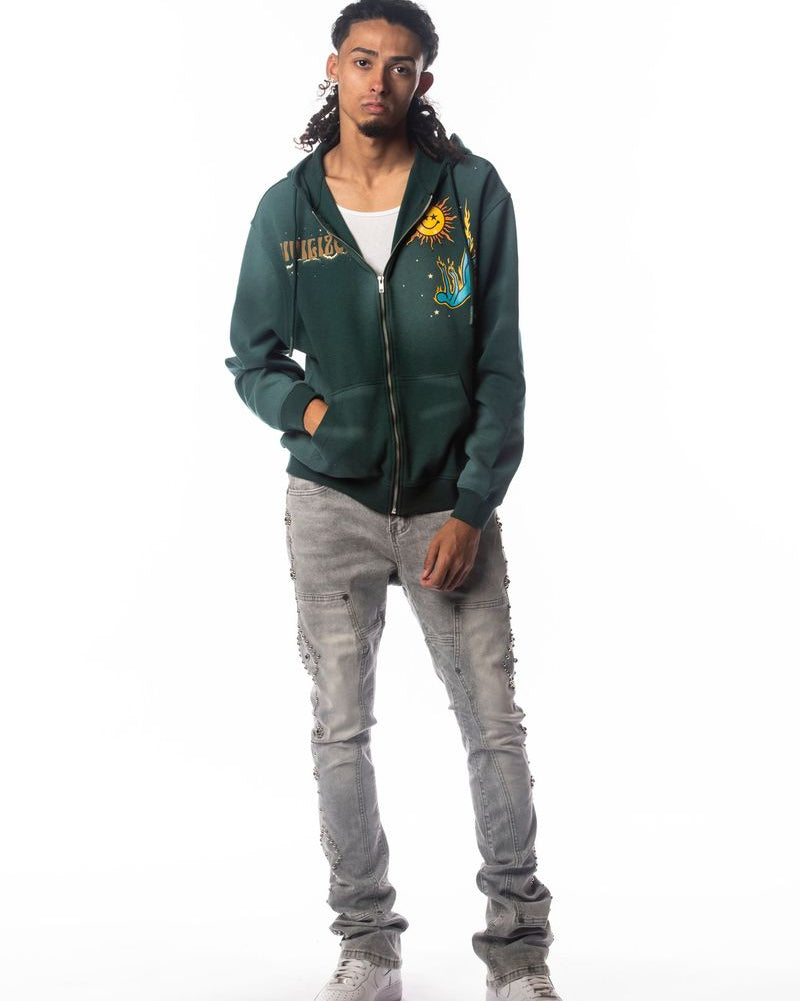 Person wearing a green hoodie with colorful designs on a white background