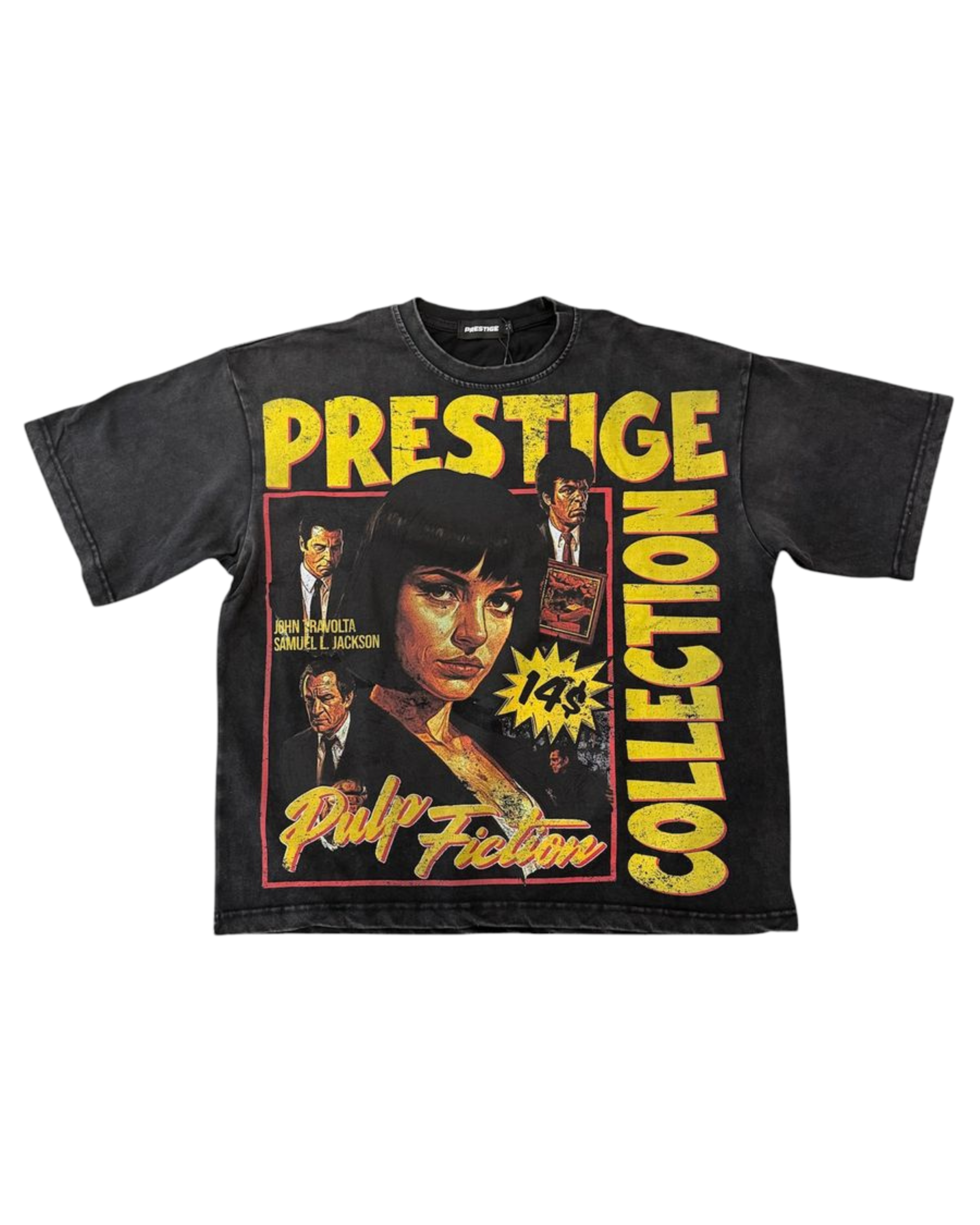 Black t-shirt with 'Pulp Fiction' movie poster design featuring a woman's face and text.