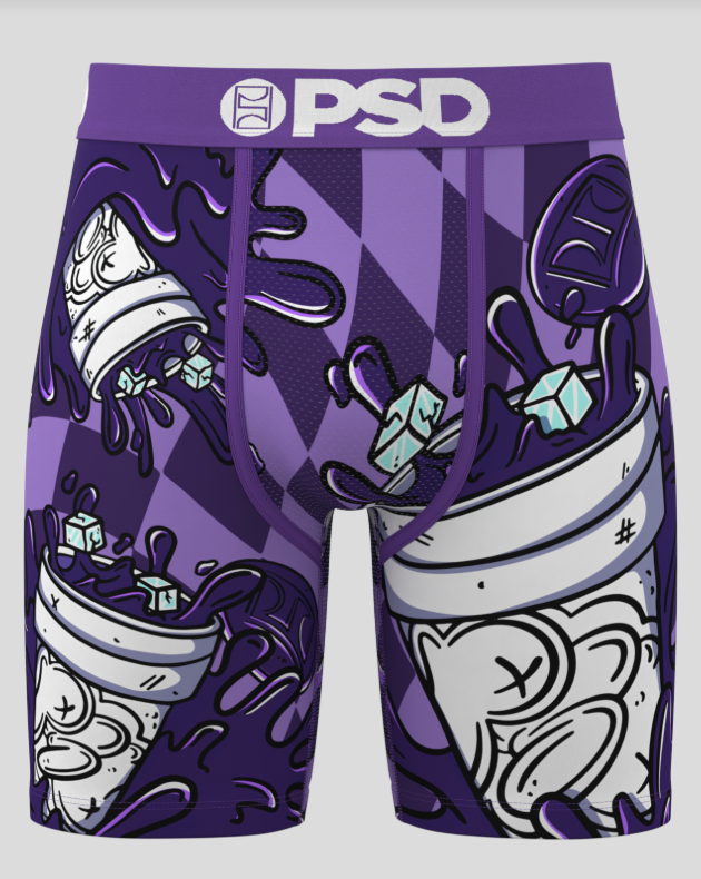 Purple shorts with a graphic design on a white background