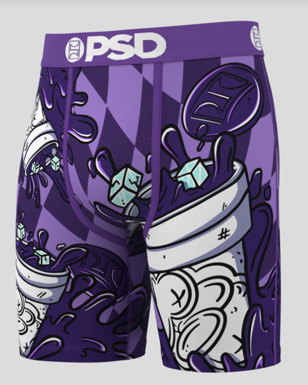 Purple shorts with graphic design on a white background