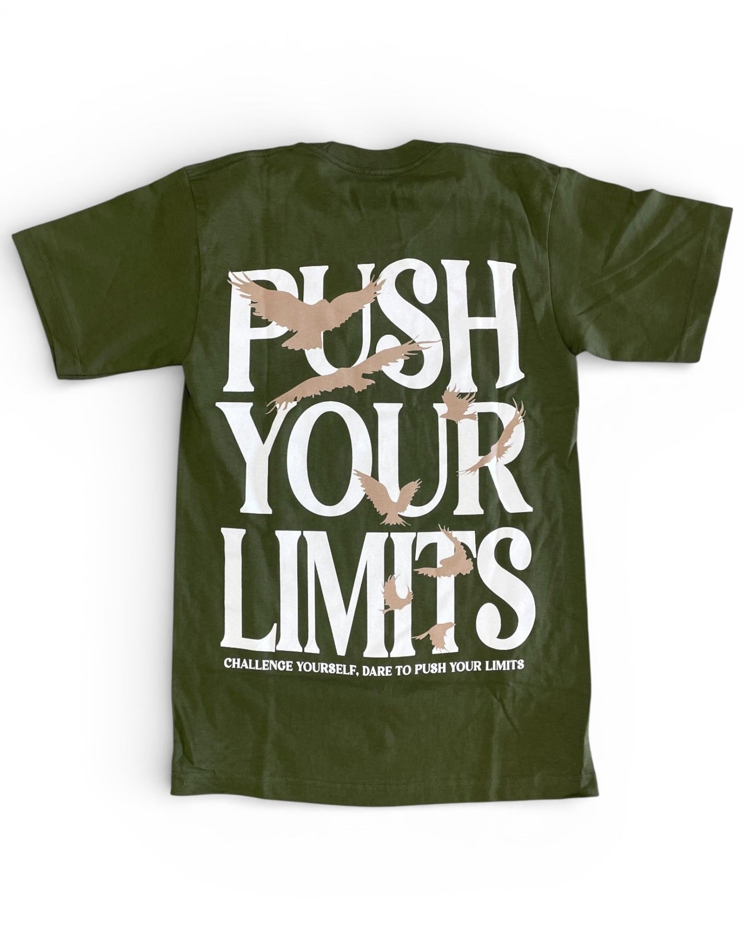 Green t-shirt with 'Push Your Limits' text and motivational quote on a white background