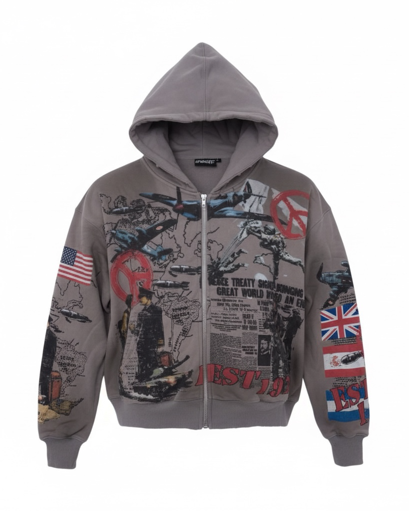 Gray hoodie with graphic designs and text on a white background