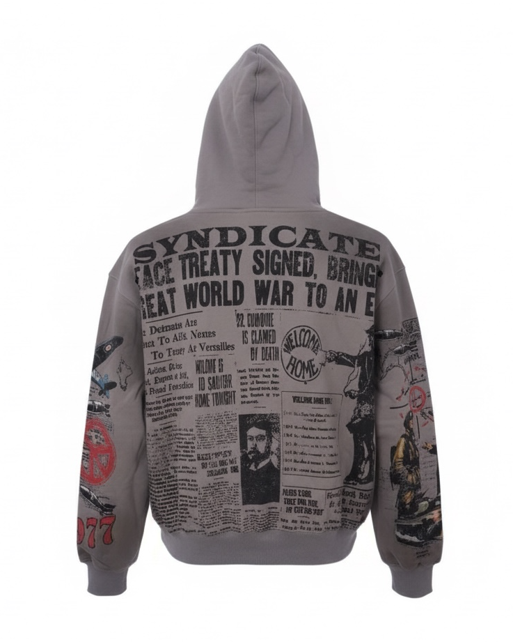 Gray hoodie with graphic designs and text on the back, displayed against a white background.