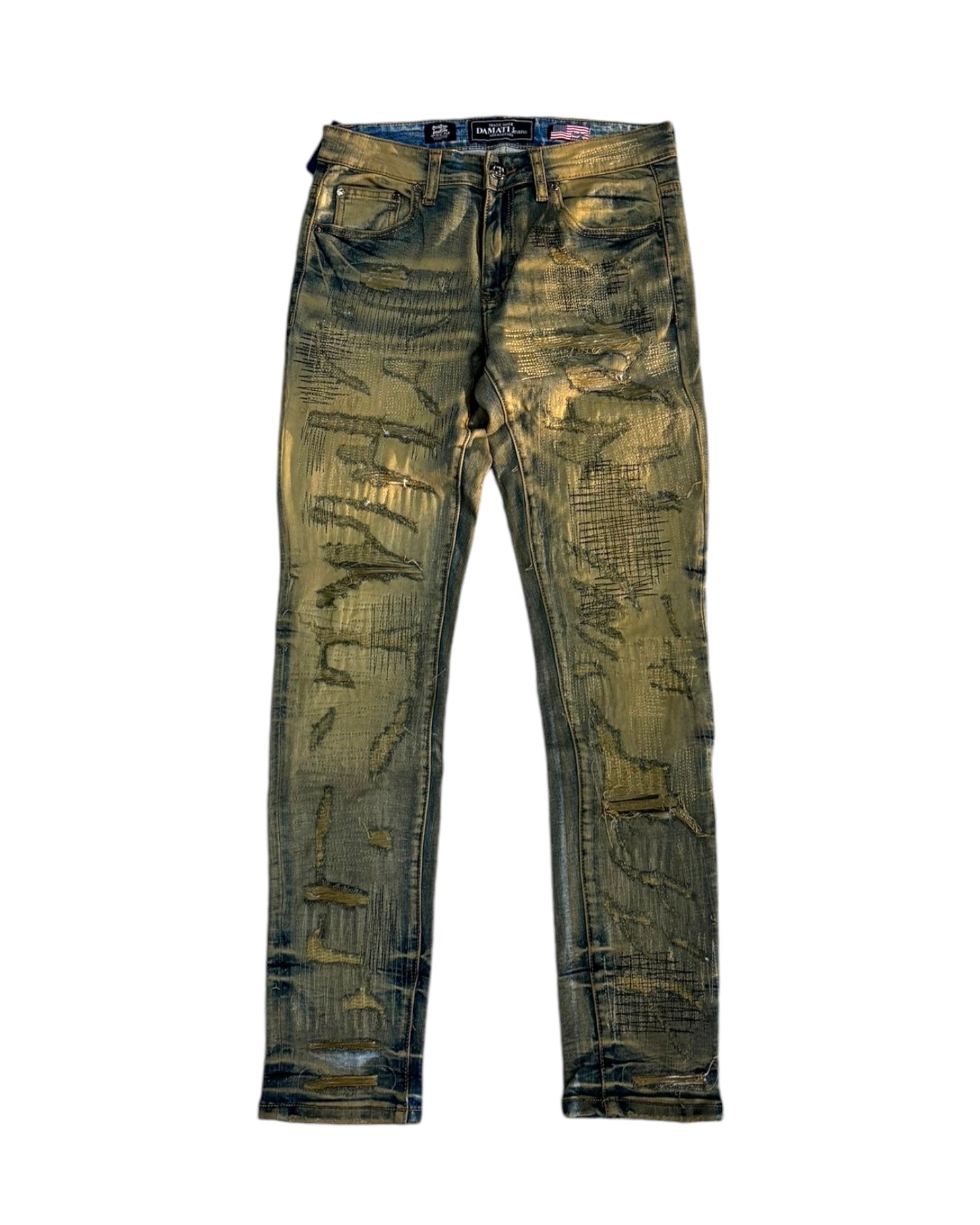 A pair of men's slim-fit, distressed, stretchy jeans with a rugged, vintage look, featuring textured patches and faded areas.