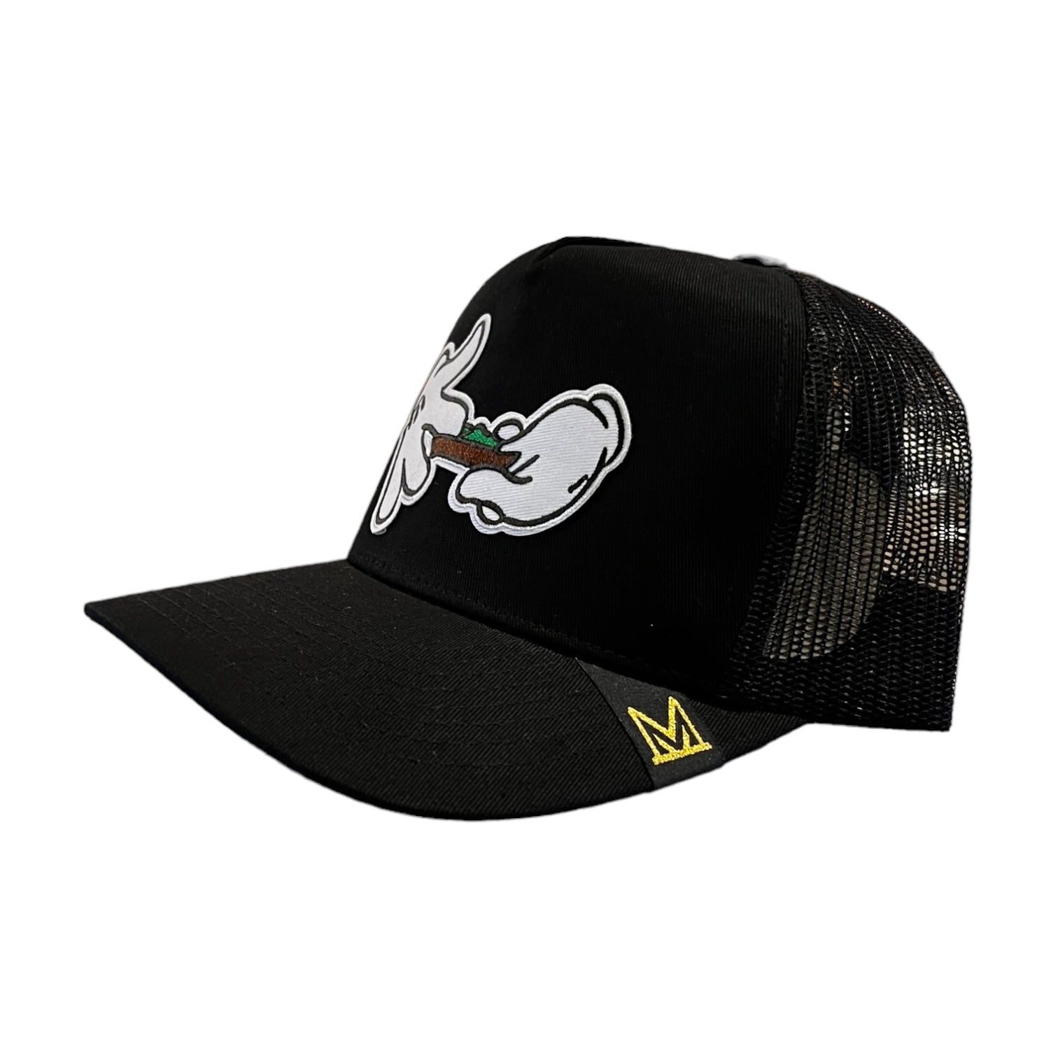 black rollin up trucker hat