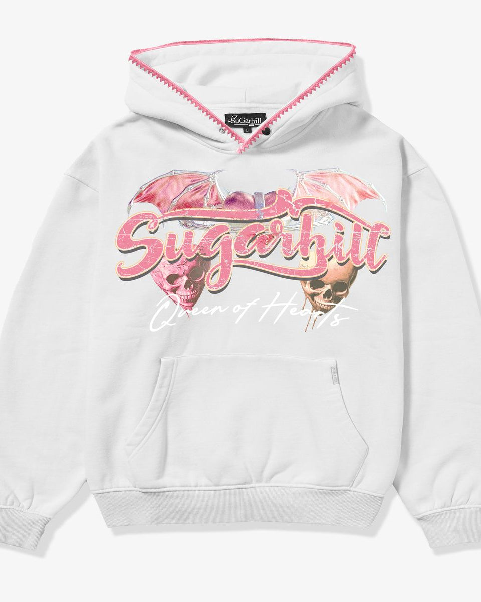 White hoodie with pink and leopard print design on a white background