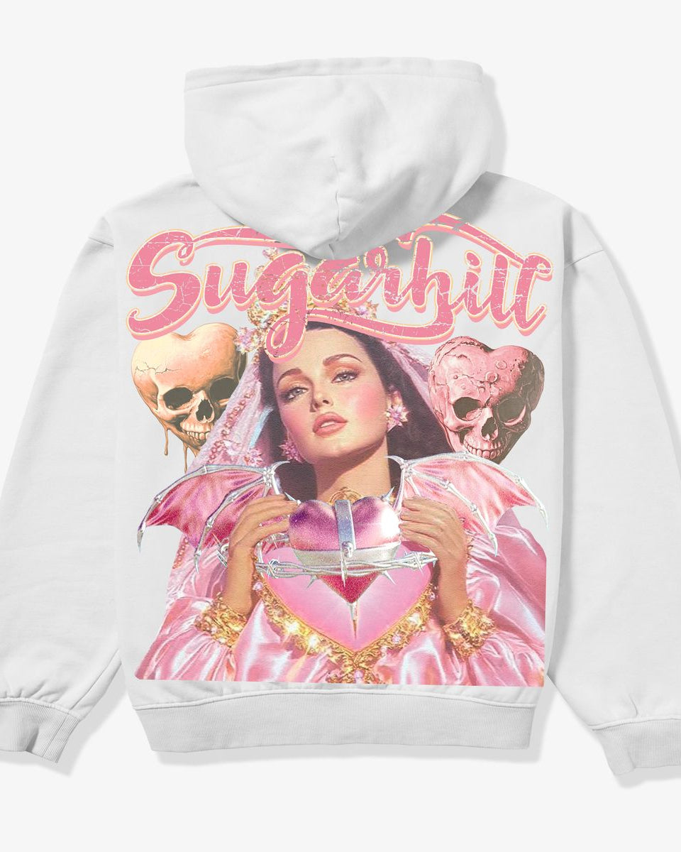 White hoodie with a graphic design of a woman in a pink dress and 'Sugarhill' text on a white background