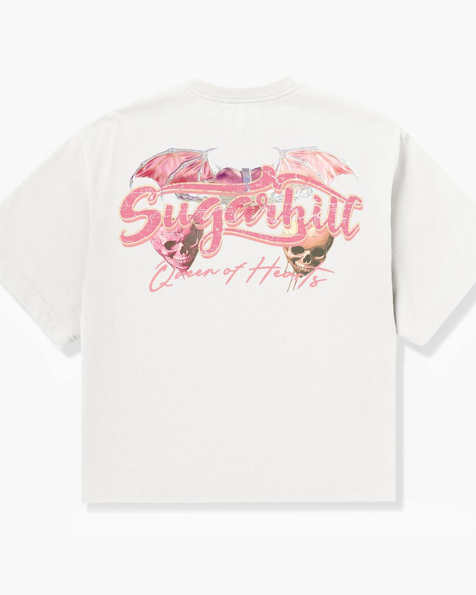White t-shirt with 'Sugarhill Queen of Hearts' design on a white background