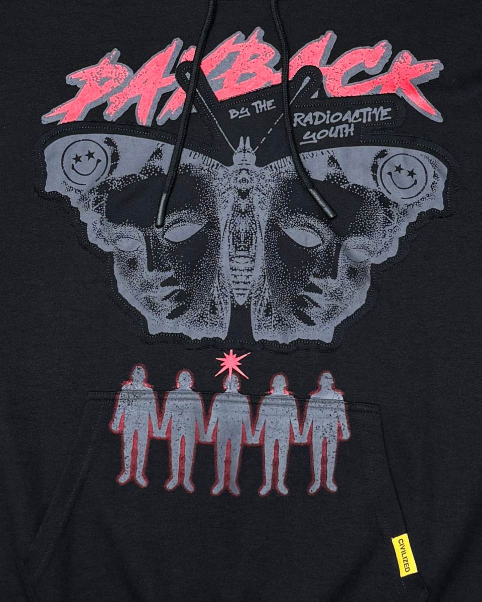 Black hoodie with graphic design and text on a dark background