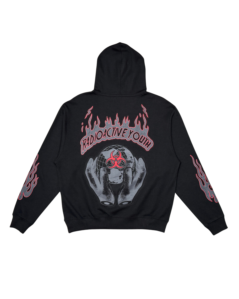 Black hoodie with graphic design on the back on a white background