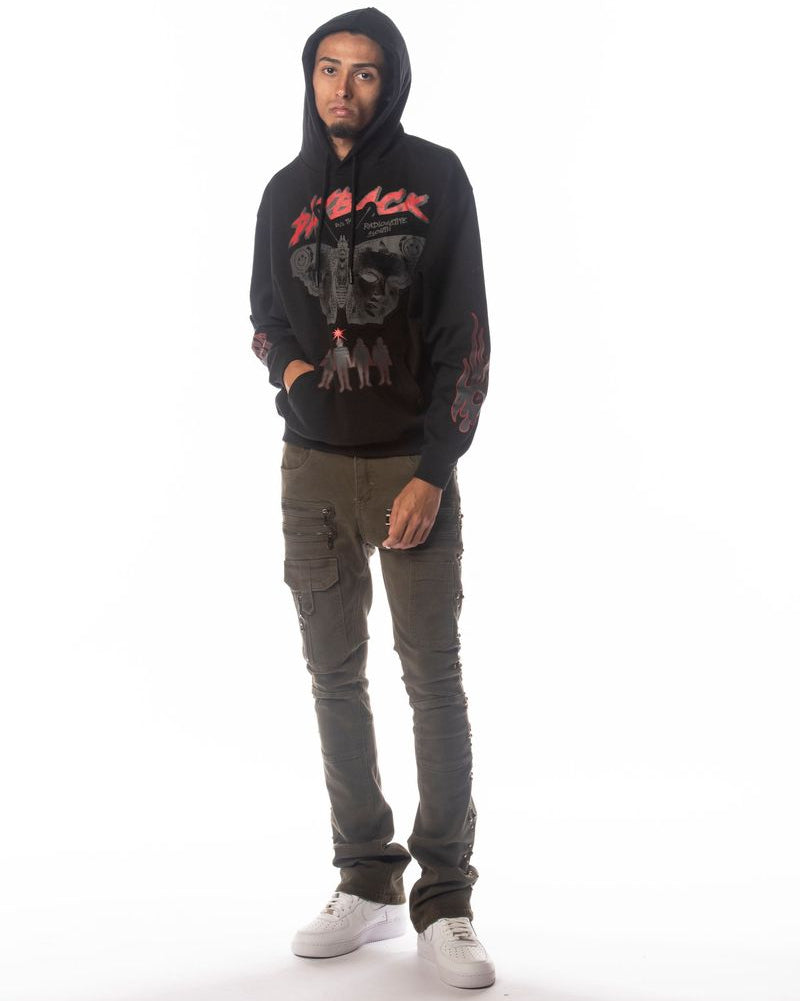 Person wearing a black hoodie with graphic design on a white background