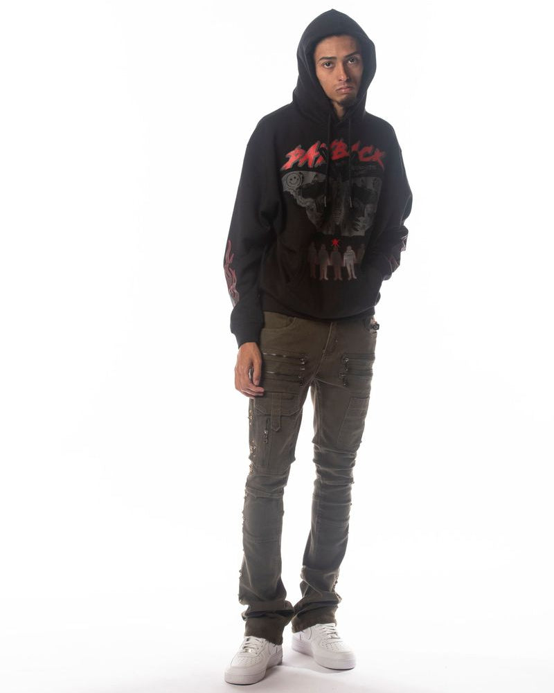 Person wearing a black hoodie with red text and graphics on a white background
