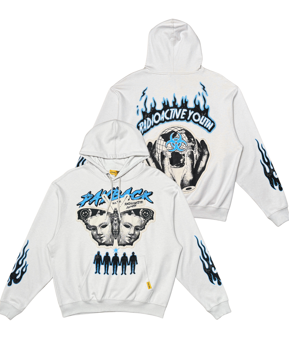 White hoodie with graphic designs on front and back on a white background