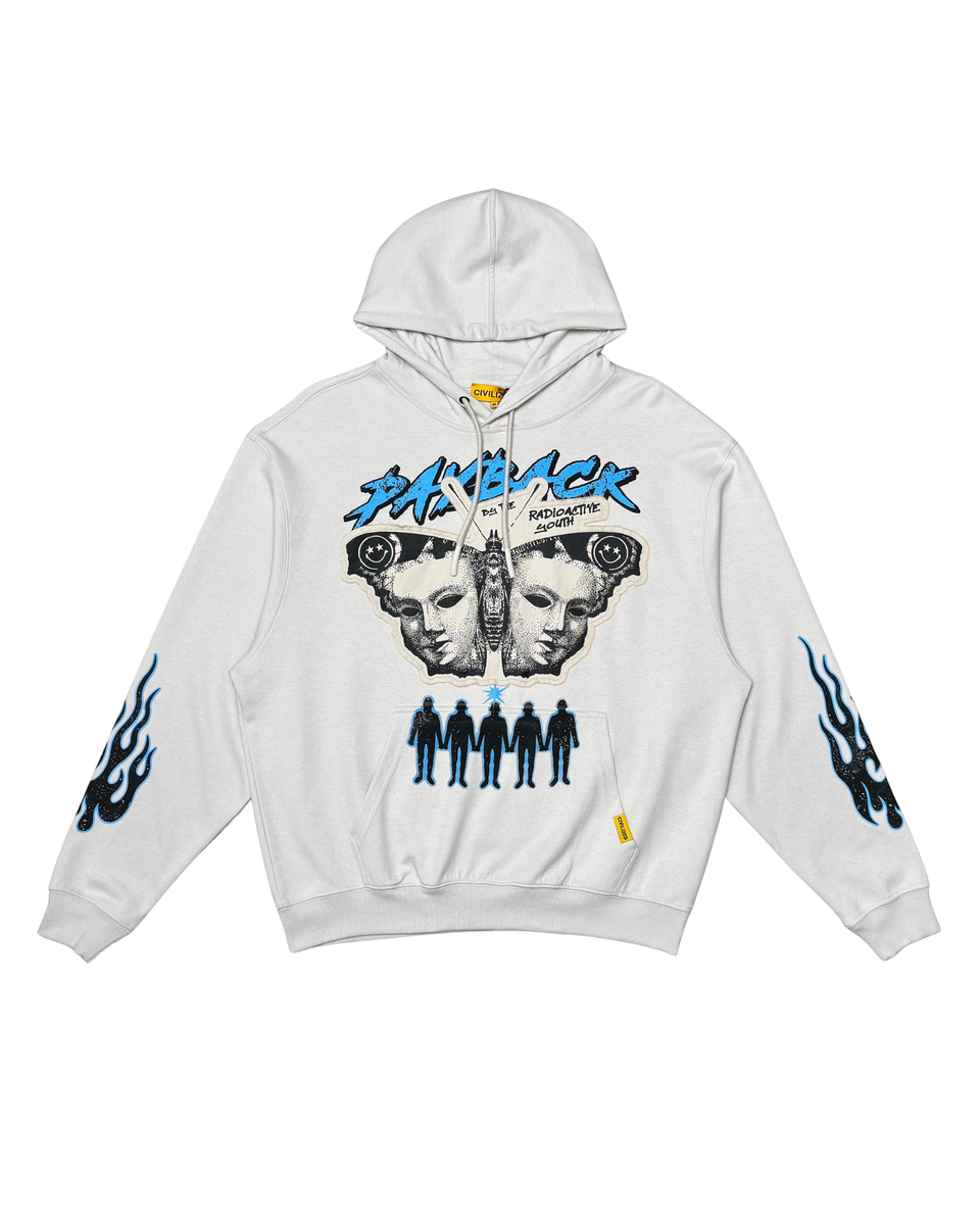 White hoodie with graphic design on a white background