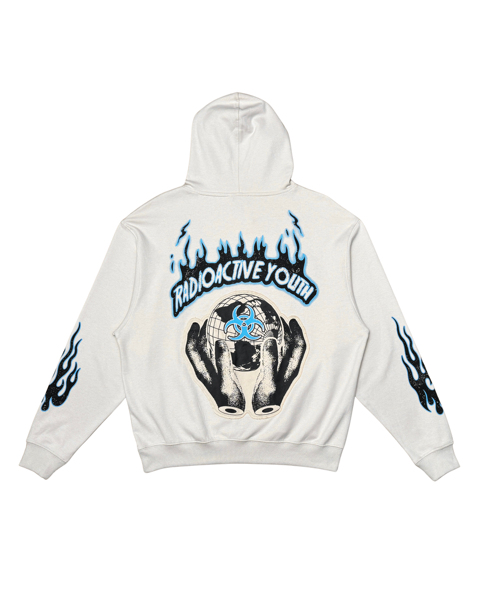 White hoodie with graphic design on a white background