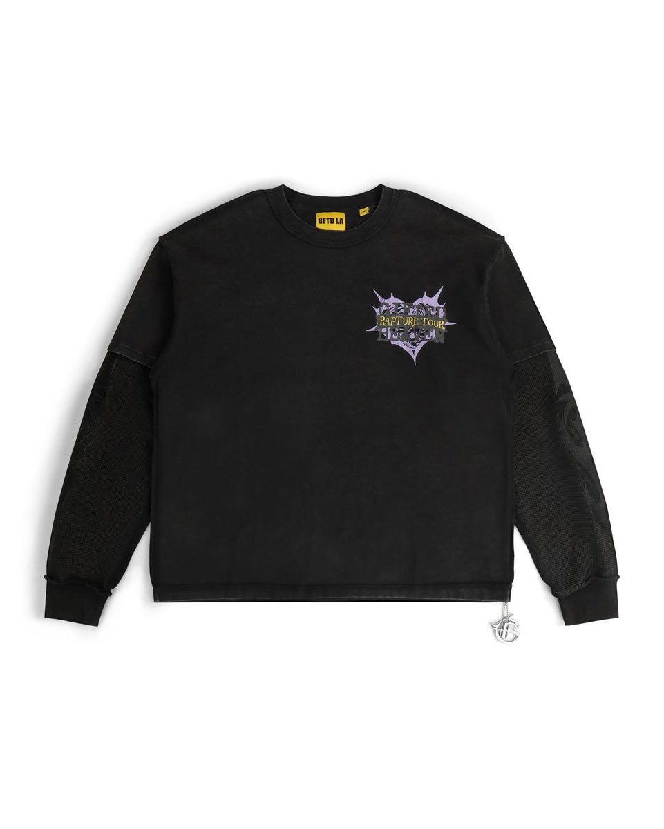 Black sweatshirt with a logo on a white background