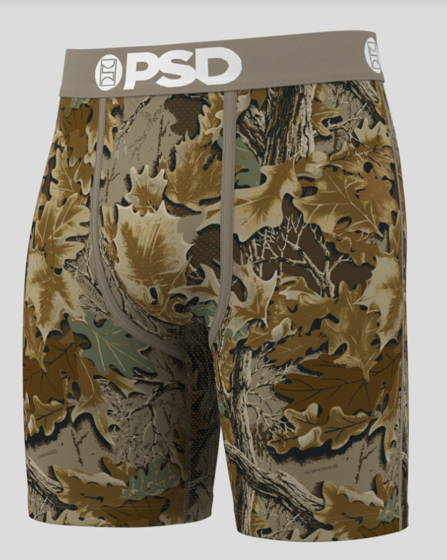 Camouflage-patterned underwear with 'PSD' branding on a white background