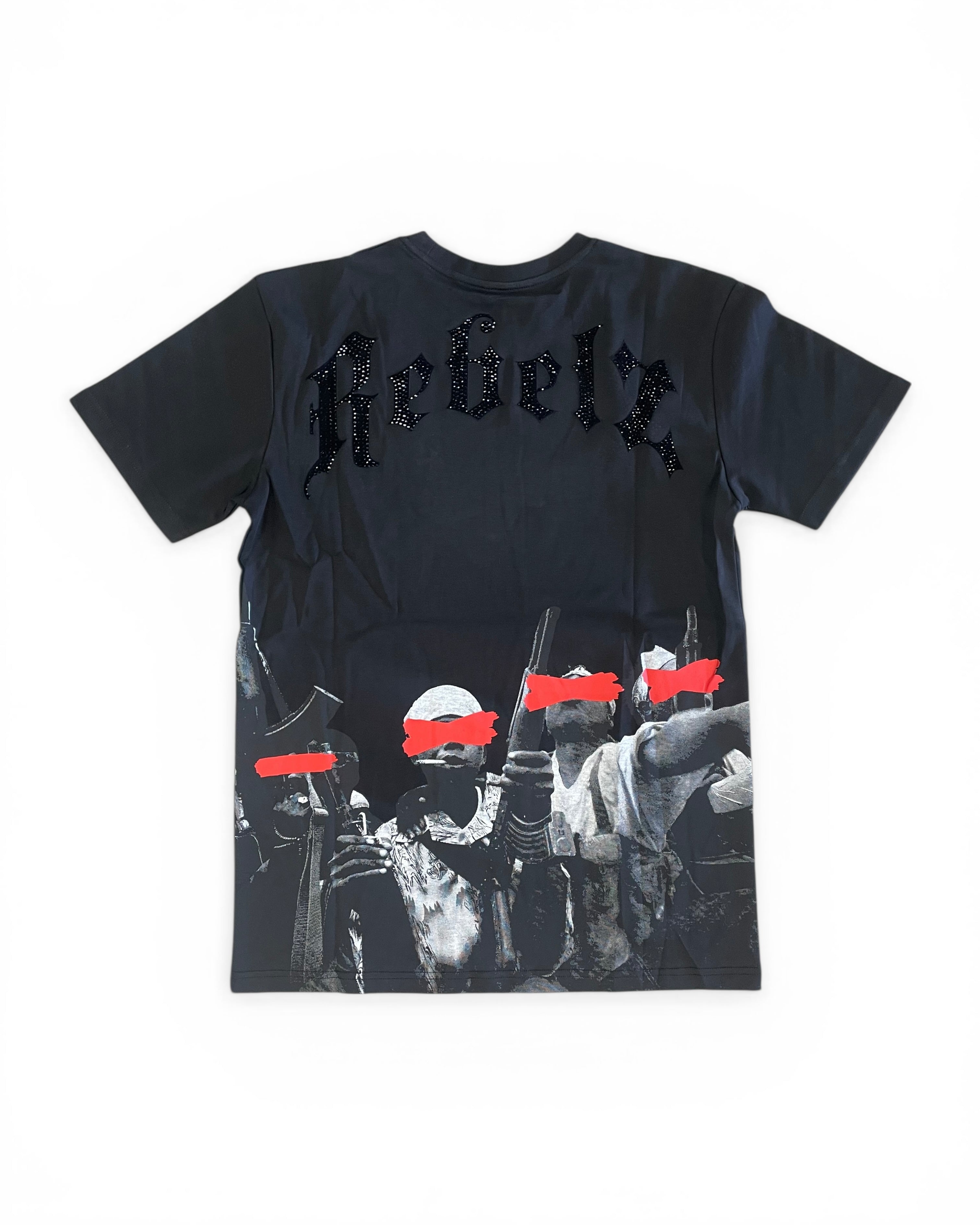 Black t-shirt with graphic design and 'Rebelz' text on a white background