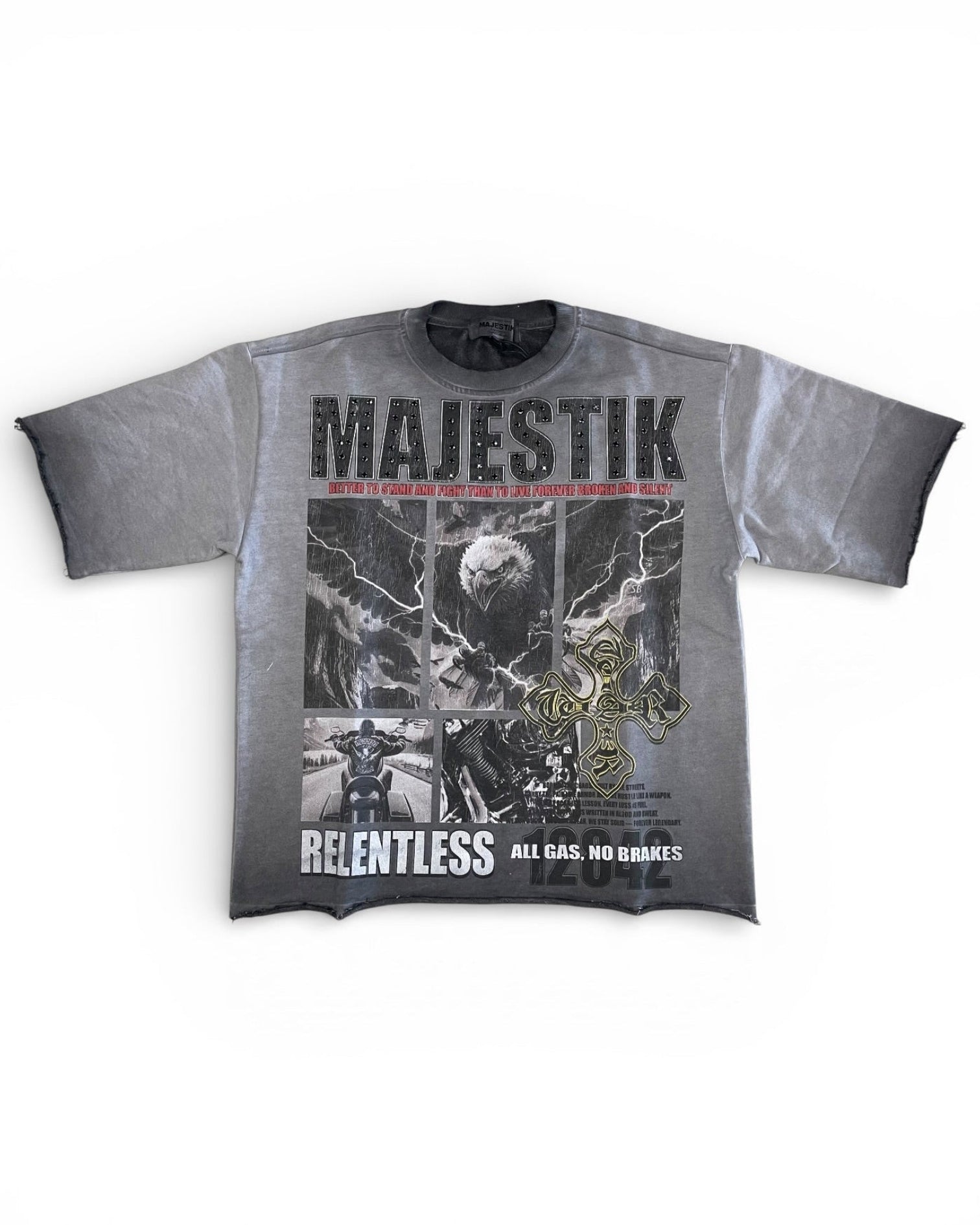 Gray t-shirt with graphic design and text on a white background