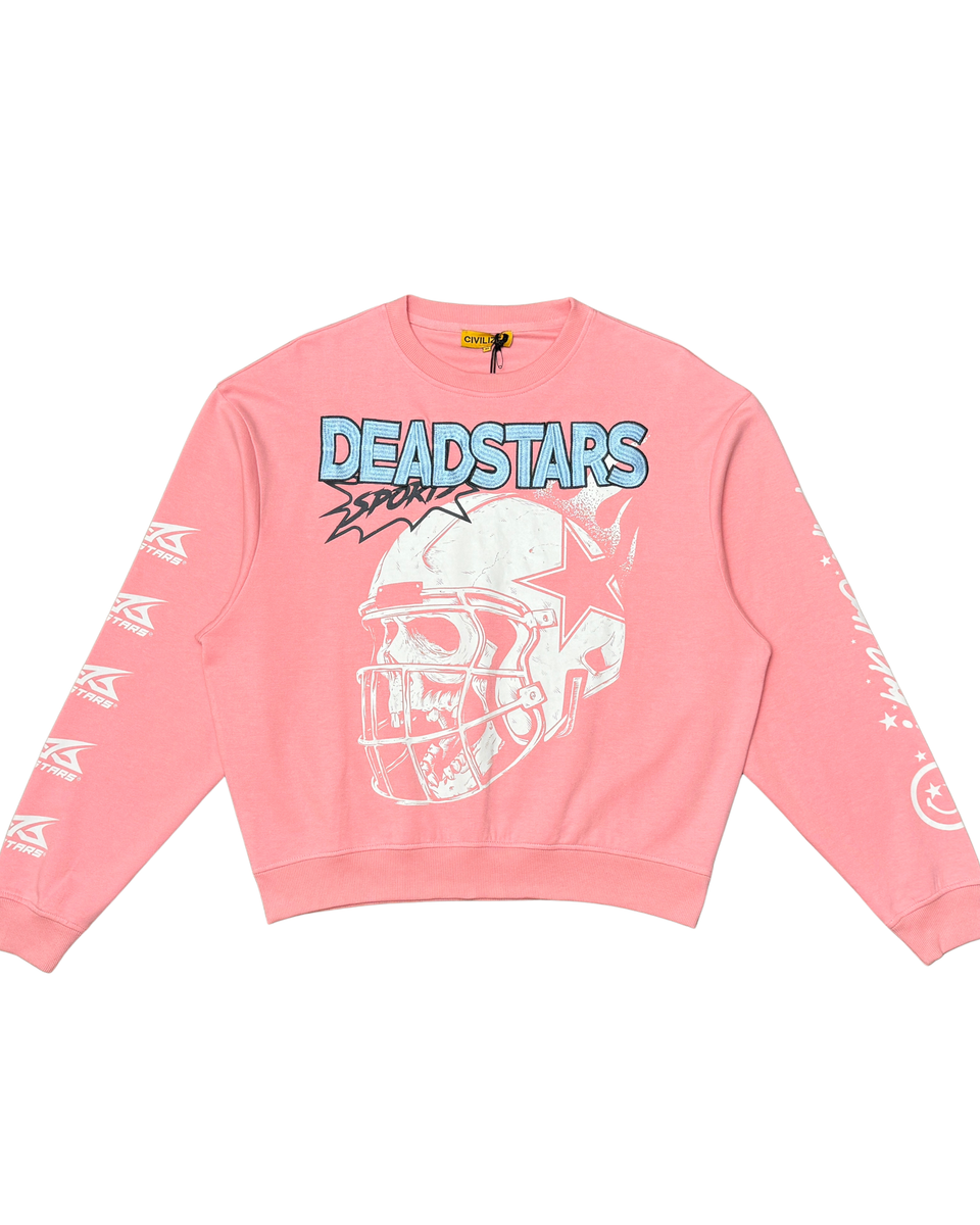 Pink sweatshirt with 'DEADSTARS' logo and graphic design on a white background