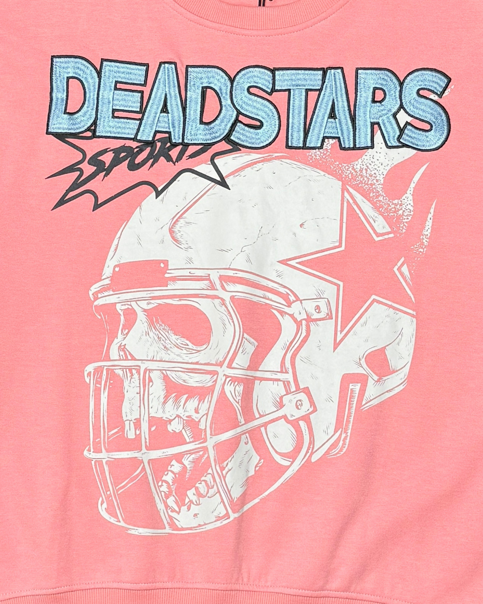 Pink sweatshirt with white helmet graphic and 'DEADSTARS' text on a pink background