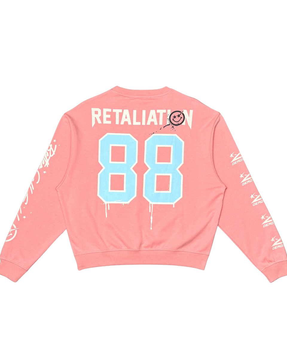 Pink sweatshirt with 'RETALIATION 88' text on a white background