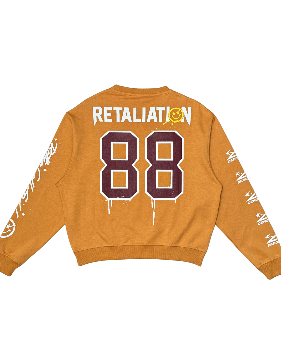 Orange sweatshirt with 'Retaliation 88' text on a white background