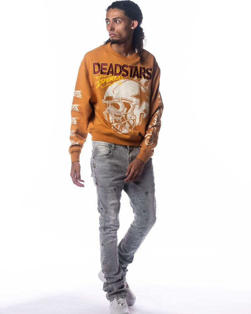 Person wearing a 'DEADSTARS' sweatshirt with a helmet graphic on a white background