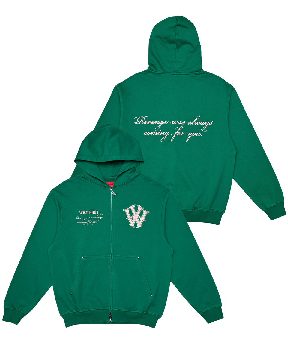 Green hoodie with text on front and back on a white background