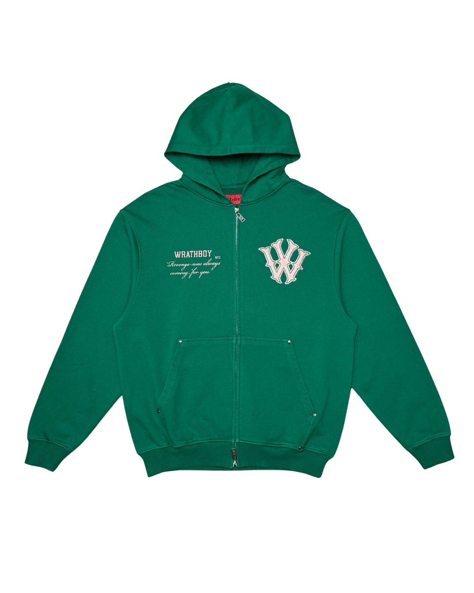 Green hoodie with a logo on a white background