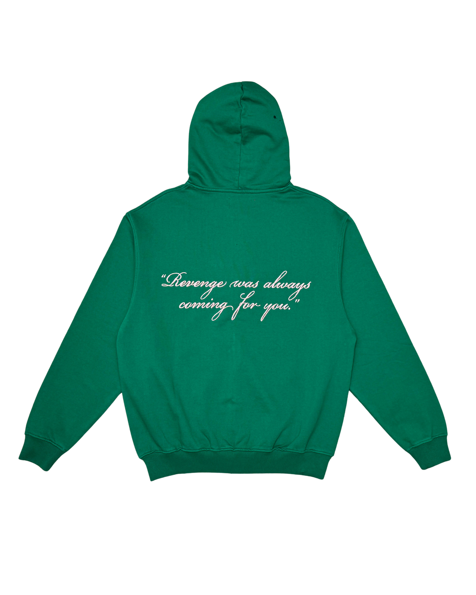 Green hoodie with white text on a white background