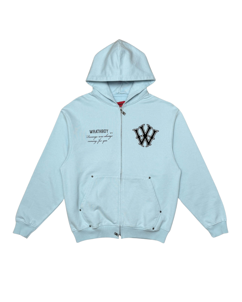 Light blue hoodie with a logo and text on a white background