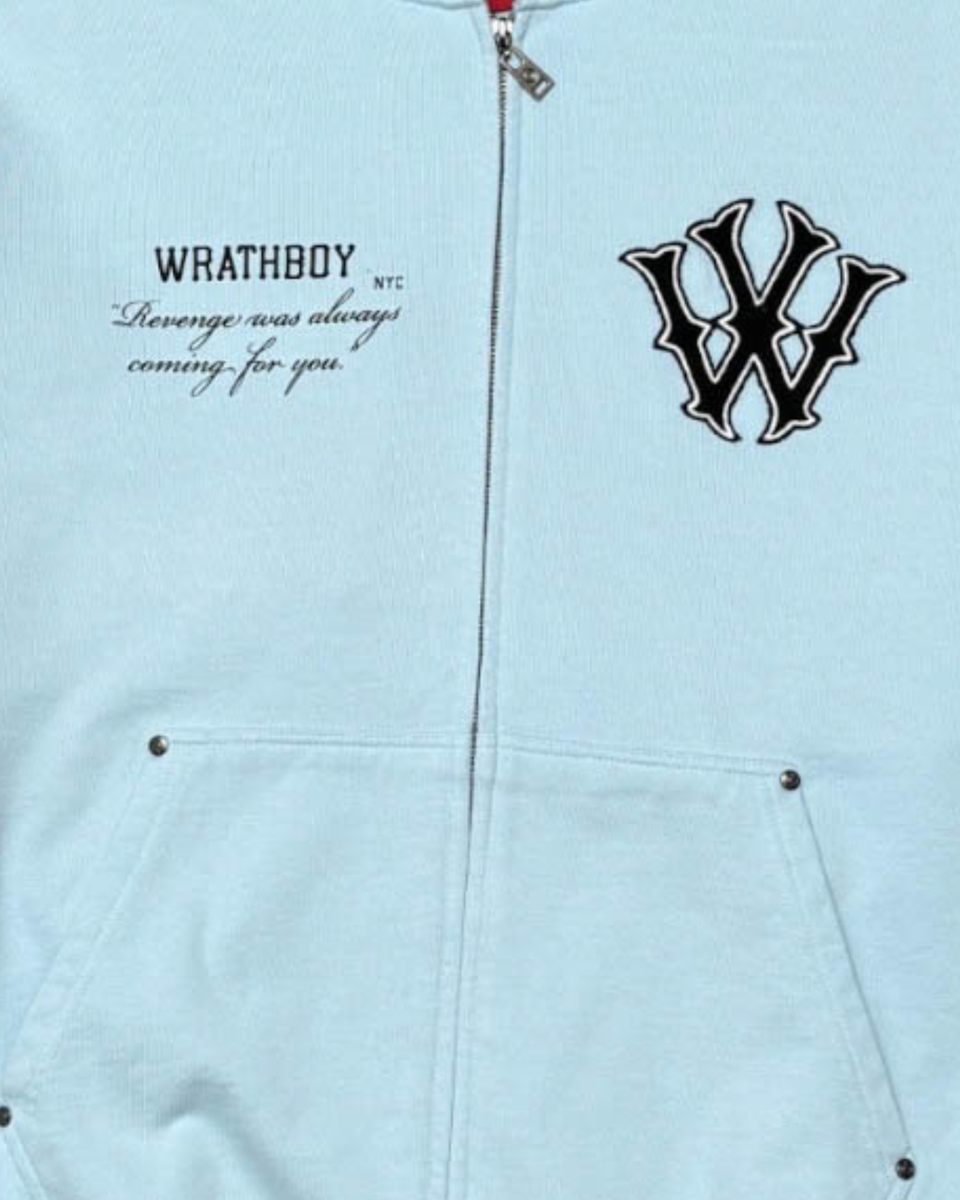 Light blue hoodie with 'Wrathboy' text and logo on a light blue background