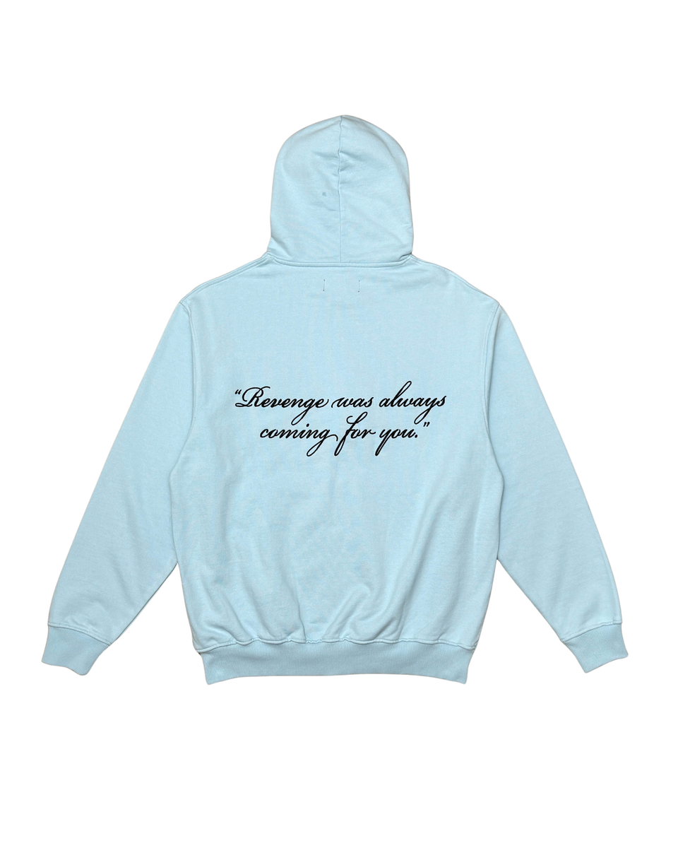 Light blue hoodie with text on the back against a white background