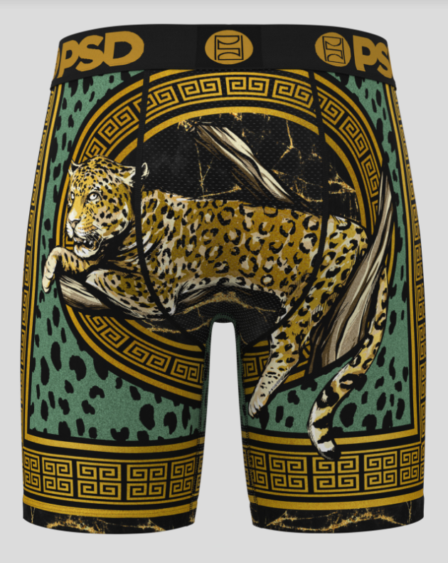 Men's underwear with a leopard design and 'PSD' branding on a gray background