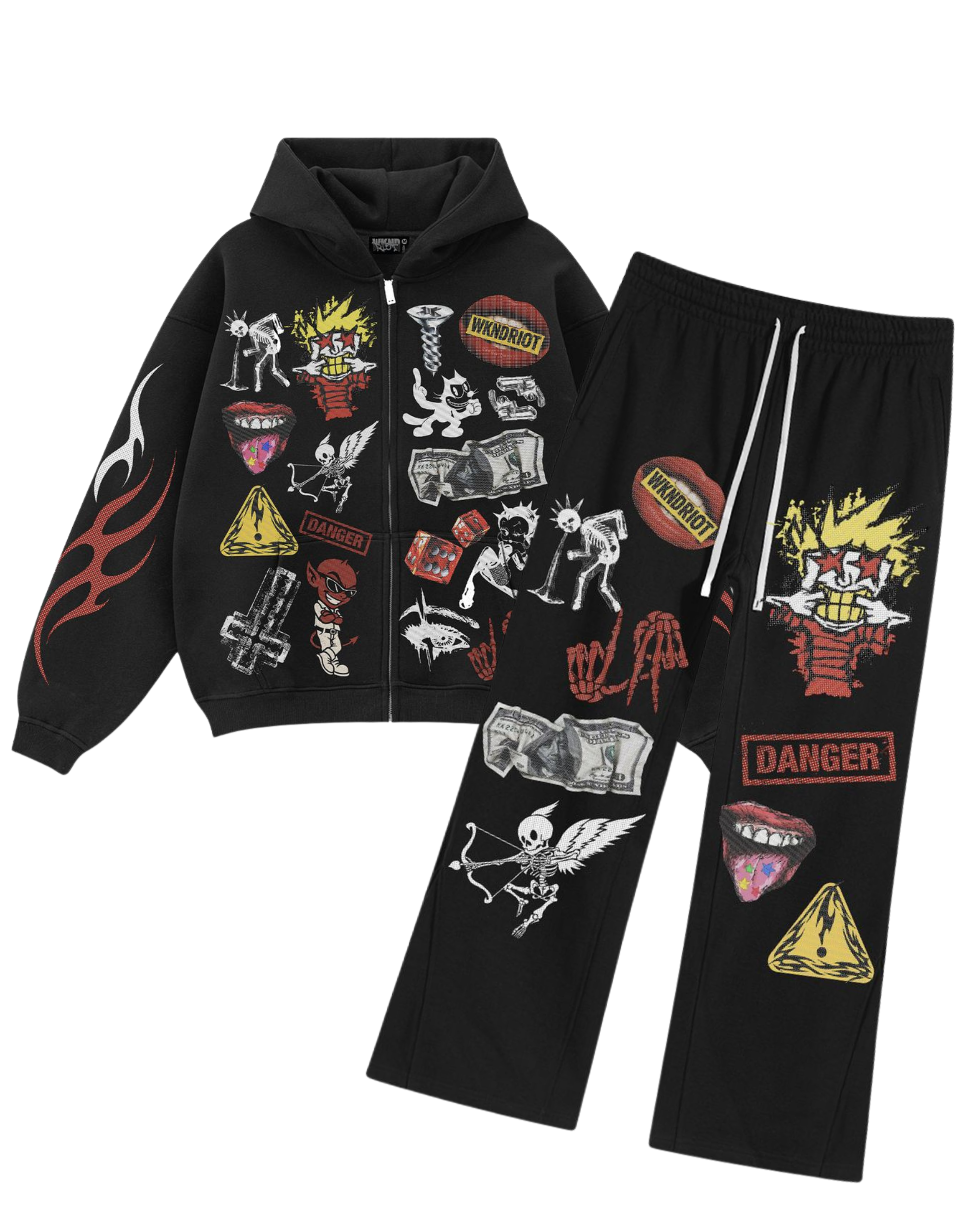 Black hoodie and pants set with graphic designs on a white background