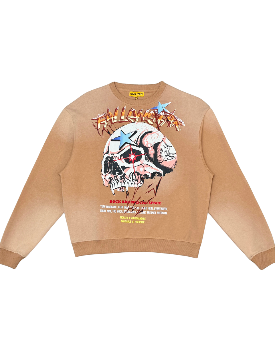 Beige sweatshirt with graphic design on a white background