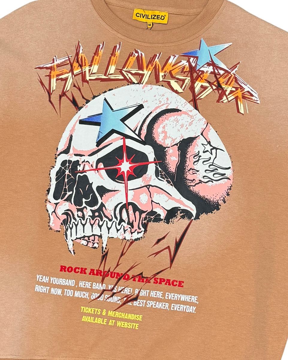 Brown t-shirt with a graphic design of a skull and text on a white background
