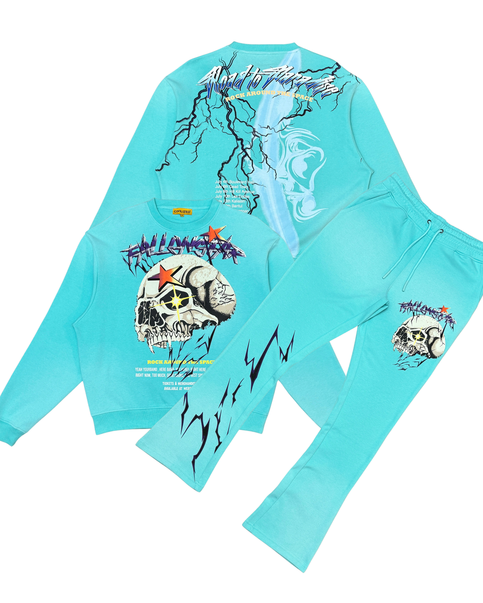 Turquoise long-sleeve shirt and pants set with graphic designs on a white background