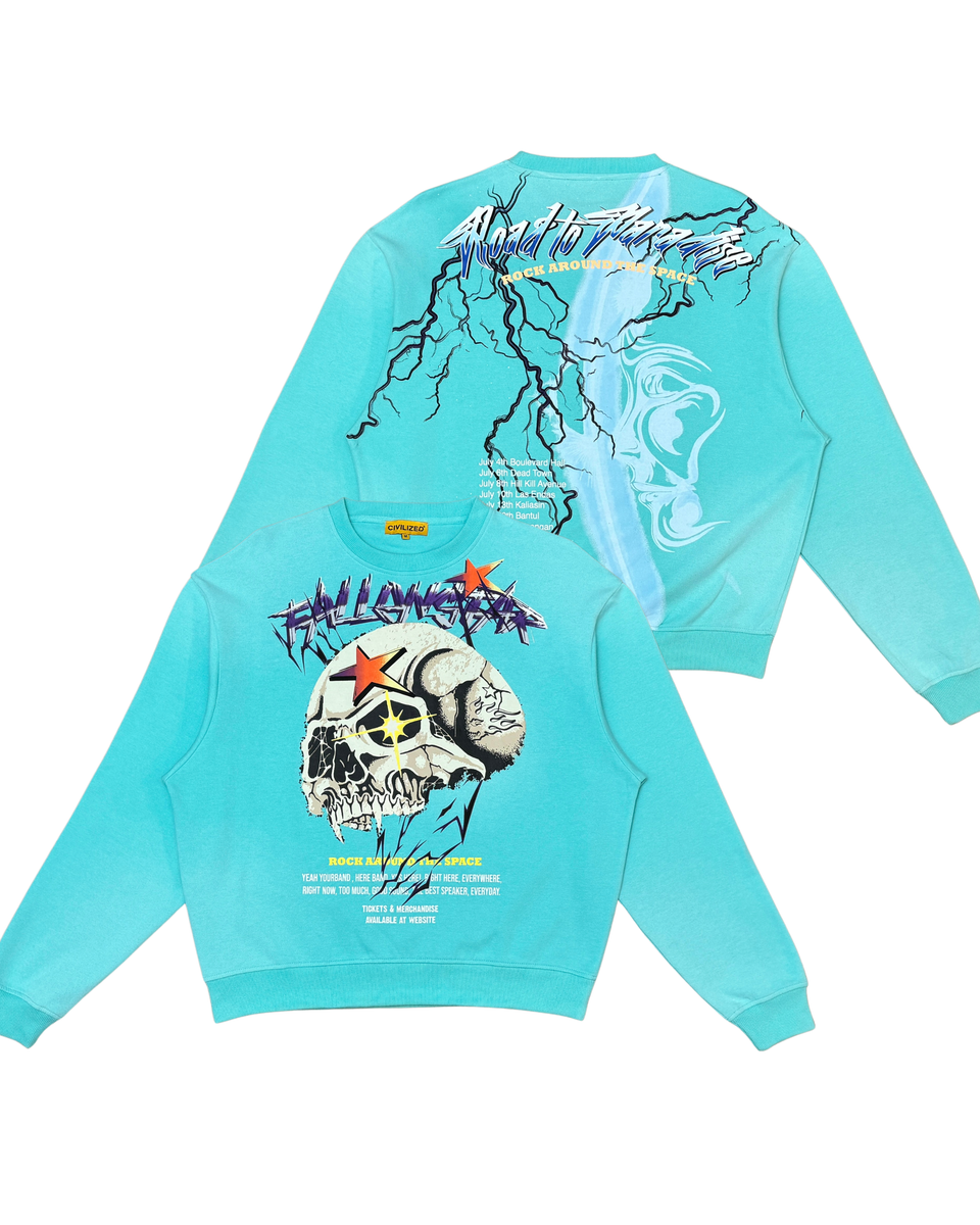 Turquoise sweatshirt with graphic designs on a white background