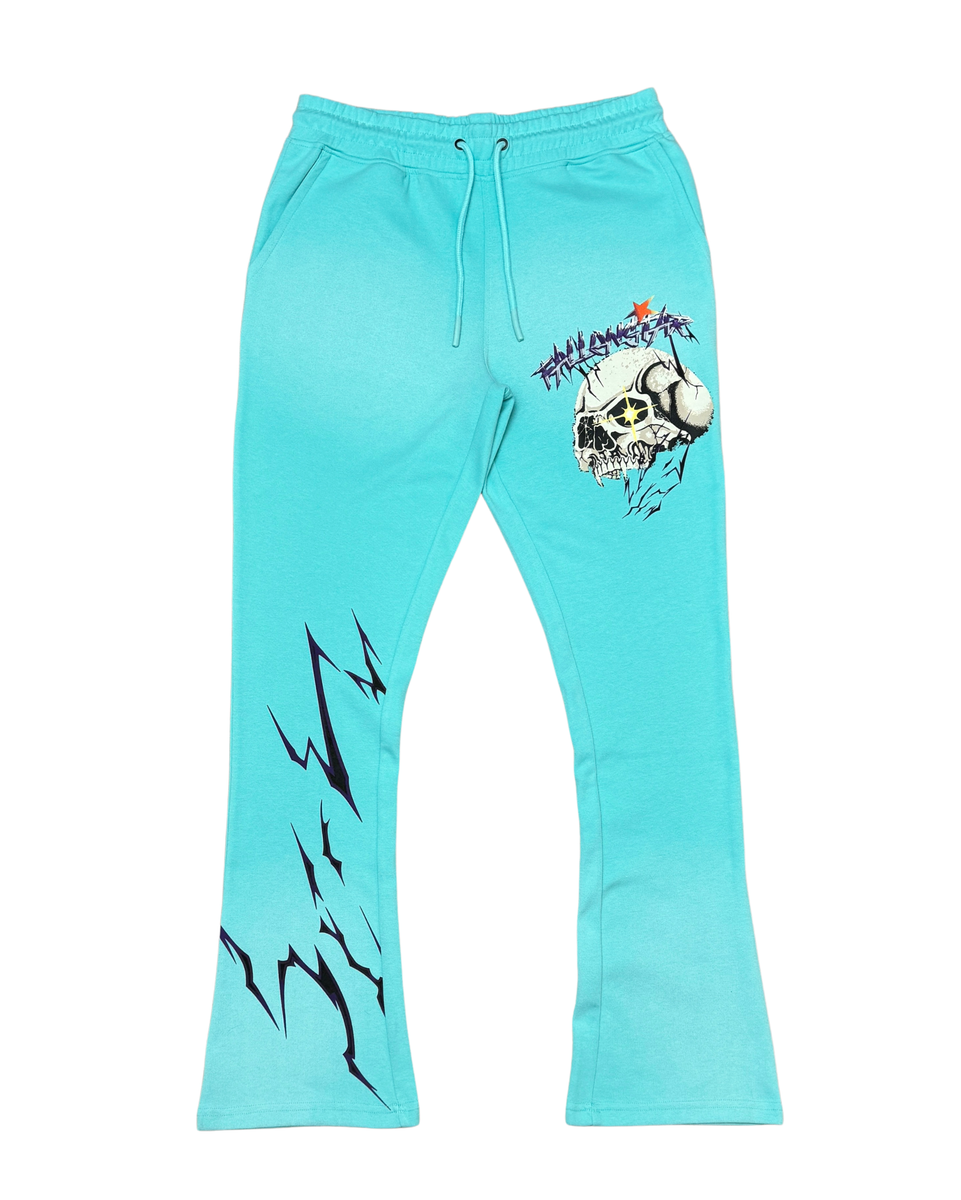 Turquoise sweatpants with graphic designs on a white background