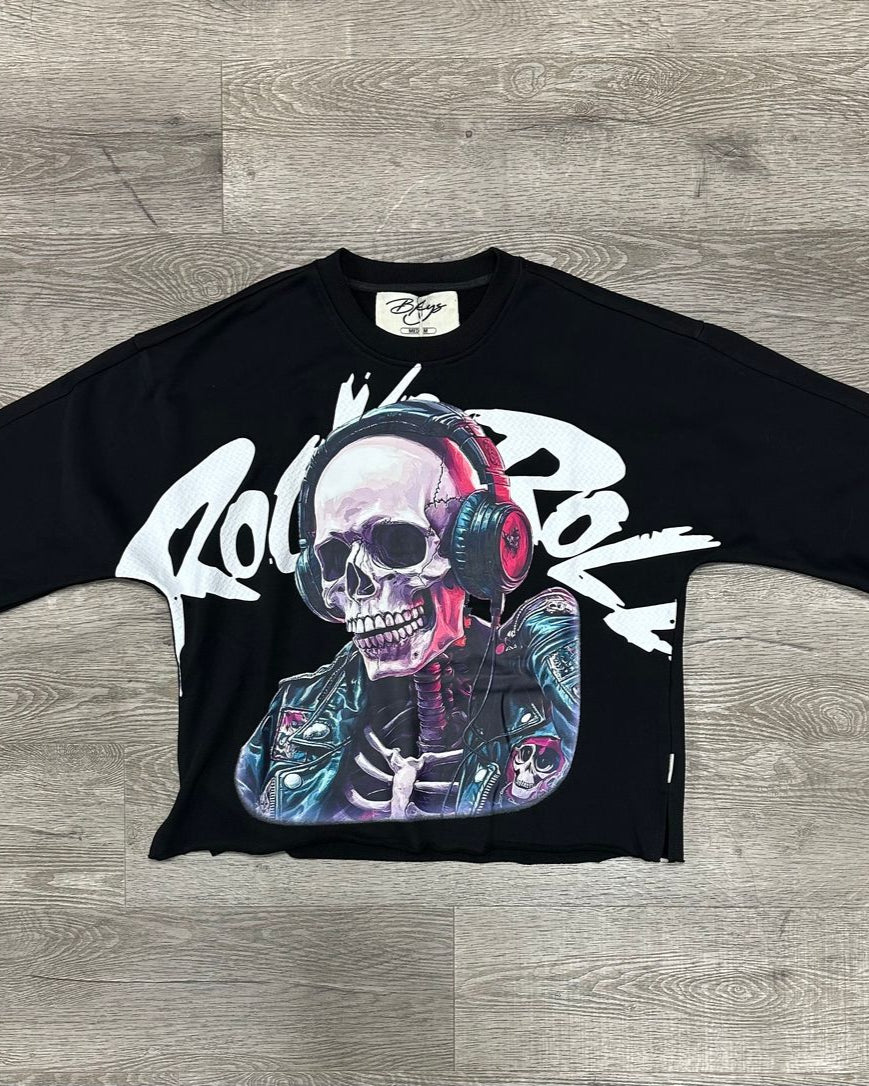 bkys rock and roll french terry crop tee in black