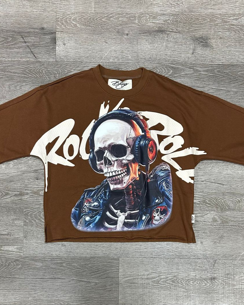 bkys rock and roll french terry crop tee in taupe brown