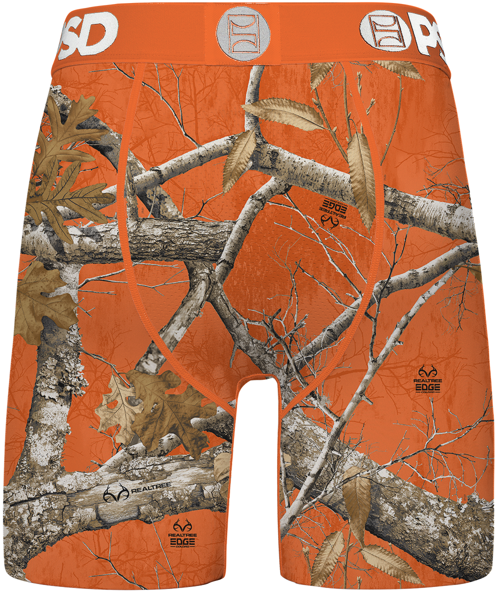 Orange camouflage men's underwear with tree branch design on an orange background
